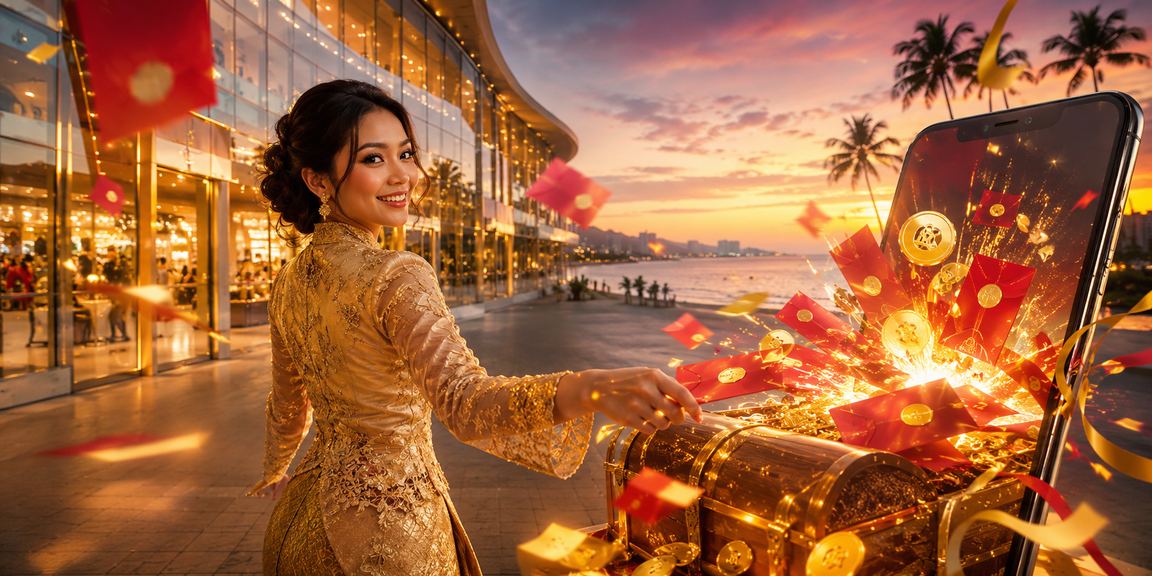 Woman in Penang receiving a betting bonus with a red envelope